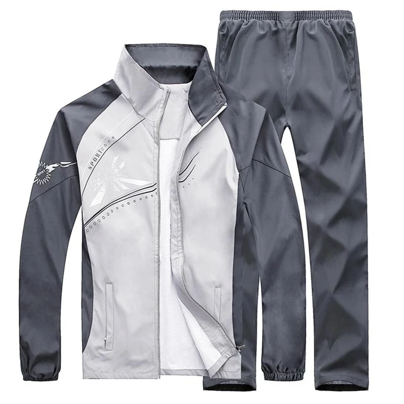 Весенне-осенний комплект для бега, мужская спортивная одежда, 2 предмета, спортивный костюм, куртка+ штаны, спортивный костюм, мужская теплая одежда, спортивный костюм - Цвет: Grey