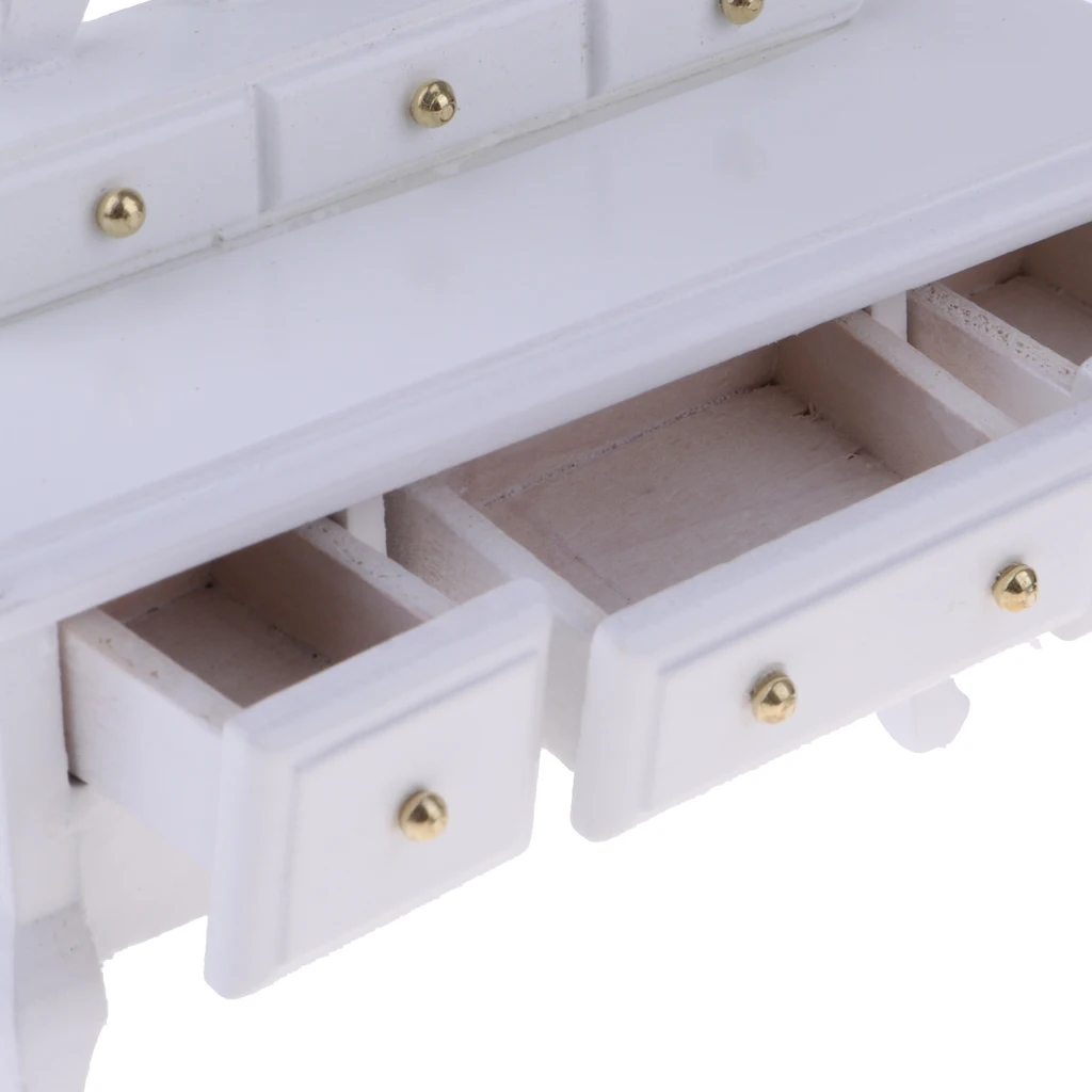 Dollhouse Vanity Set - 1:12 Dolls House Furniture Dressing Table  Stool Set with Stool and Mirror Set, Wooden & White