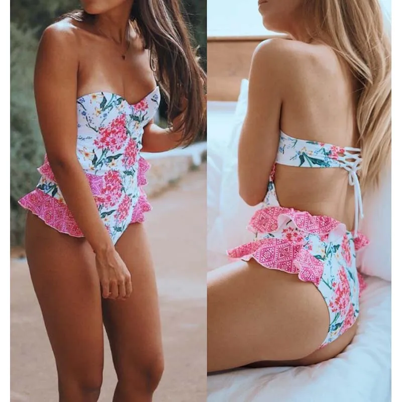 Cashback Price for  One Piece Swimsuit 2019 Newest Swimwear Women Bandeau Swimsuit Bottom Ruffle Bathing Suit Beach Wea
