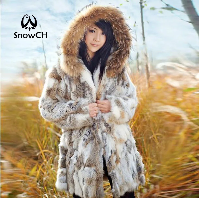 

Free Shipping Genuine Rabbit Fur Coat with hood raccoon fur rabbit fur jacket Women Winter Rabbit Fur Waistcoat plus size F803