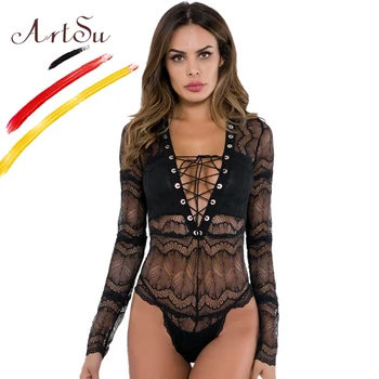 

ArtSu Women Sexy Hollow Out Black White Lace Bodysuit See Through Skinny Long Sleeve Top Body Mujer Club Deep V-Neck Bodysuits