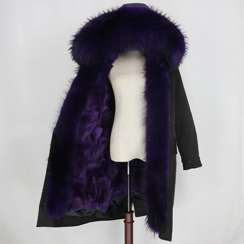 OFTBUY, водонепроницаемая верхняя одежда, удлиненная парка, пальто с натуральным мехом, зимняя куртка для женщин, воротник из натурального меха енота, подкладка из лисьего меха, съемная - Цвет: black purple