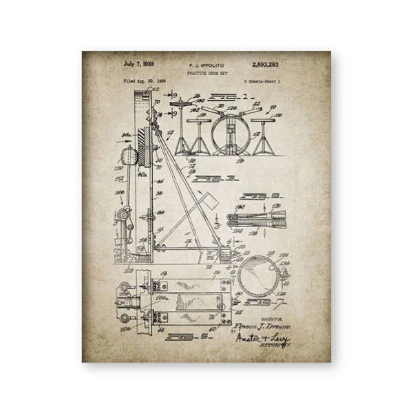 Набор барабанов патент старинные плакаты печать барабанная палочка музыка тарелки барабан дизайн стены искусства холст картины барабанщик идея подарка - Цвет: PH1166