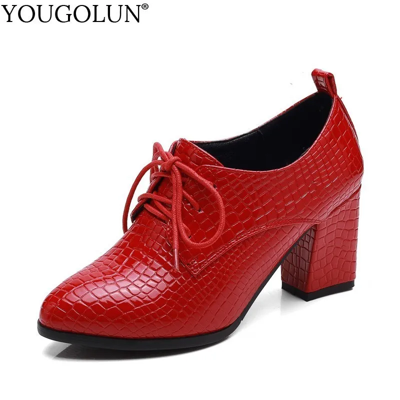 

YOUGOLUN Women Patent Leather High Thick Heels Elegant Ladies Pointed toe Shoes Woman Black Red Ankle Lace up Party Pumps B229