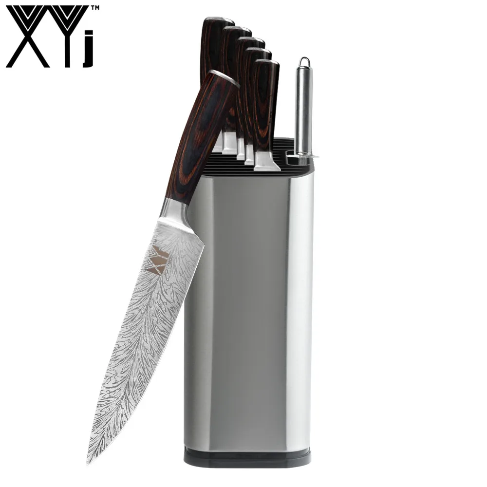 

XYj 8pcs Kitchen Tool Stainless Steel Knives Set Damascus Veins Sharp Blade Chef Knife 8'' Kitchen Holder Sharpener Bar Tools