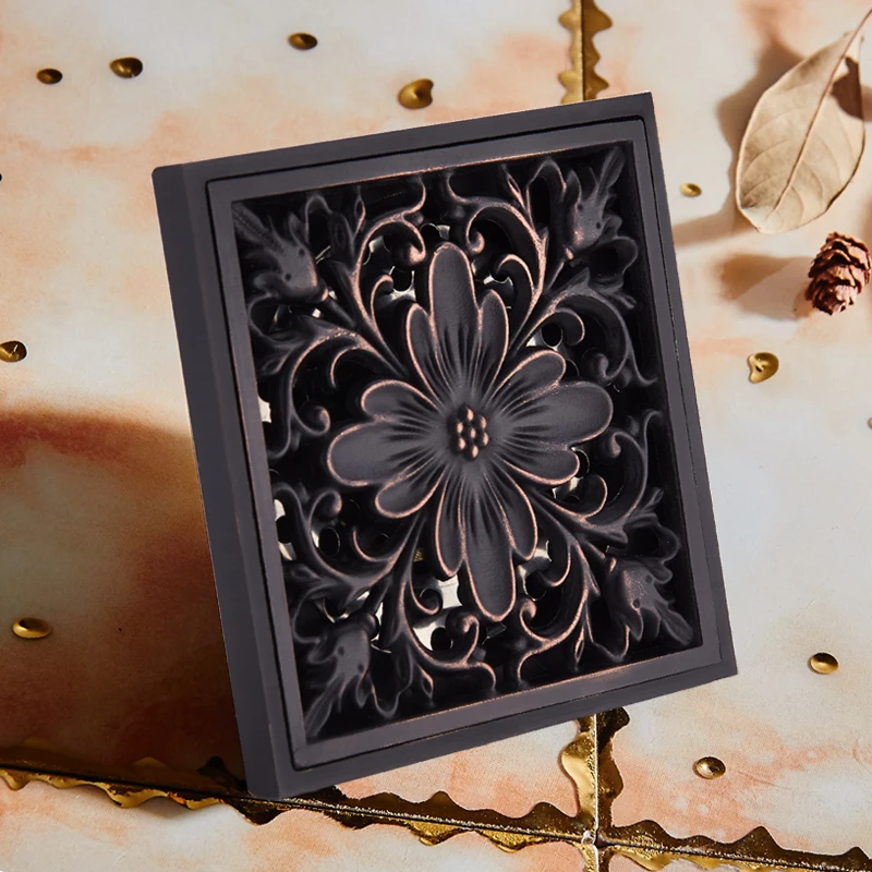 Bathroom Floor Drain Cover Square Peony Pattern Brass Tile Insert Balcony Black Shower Drainer Anti-odor Floor Waste Grates