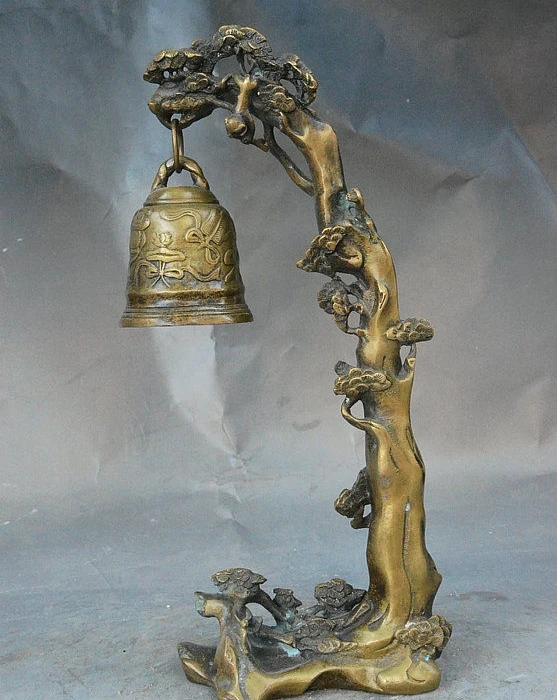 

14" Old China Buddhism Temple Bronze Clock bell hanging on the pine tree Statue