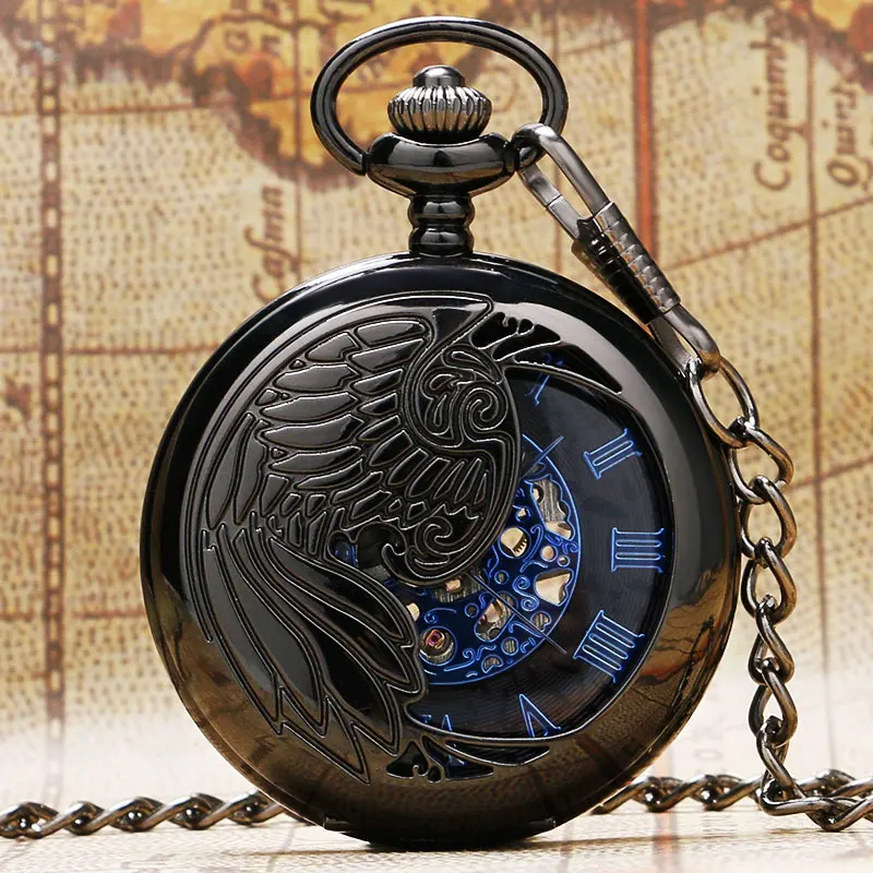 Prix pour Nouveau À La Mode Fraîche Noir Paon Creux Cas Bleu Nombre Romain Cadran Squelette Steampunk Montre De Poche Mécanique Prix pour Nouveau À La Mode Fraîche Noir Paon Creux Cas Bleu Nombre Romain Cadran Squelette Steampunk Montre De Poche Mécanique