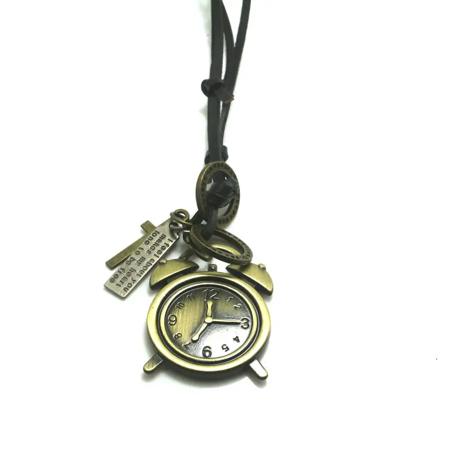 Newest Popular Genuine leather Necklace Zinc Alloy Alarm Clock Pendant in Pendants from Jewelry