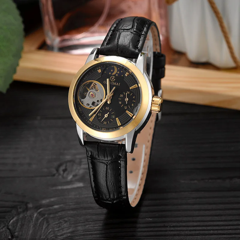 Новая мода GEDIMAI бренд розовое золото кожа часы для женщин дамы Повседневное платье автоматические механические наручные часы Reloj Mujer