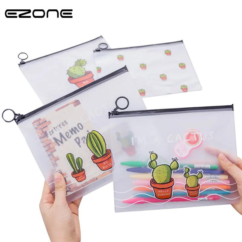 

EZONE Creative Document Bag Little Cute Fresh Cactus Transparent Scrub Ring Pocket Pouch Large Capacity File Folders Stationery