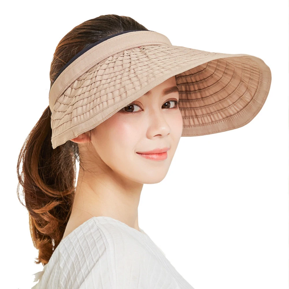 

Solid Women Summer Sun Hat Straw Headless Roll Up Foldable Ponytail Wide Brim Visor Cap Empty Top UV Protection Beach Hat Shade