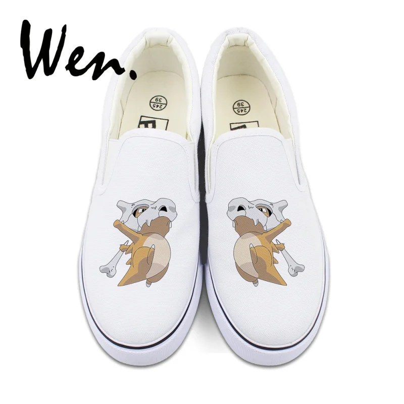 

Wen White Canvas Low Top Vulcanize Shoes Woman Flat Anime Pokemon Cubone Custom Design Slip on Sneakers Lazy Platform Plimsolls