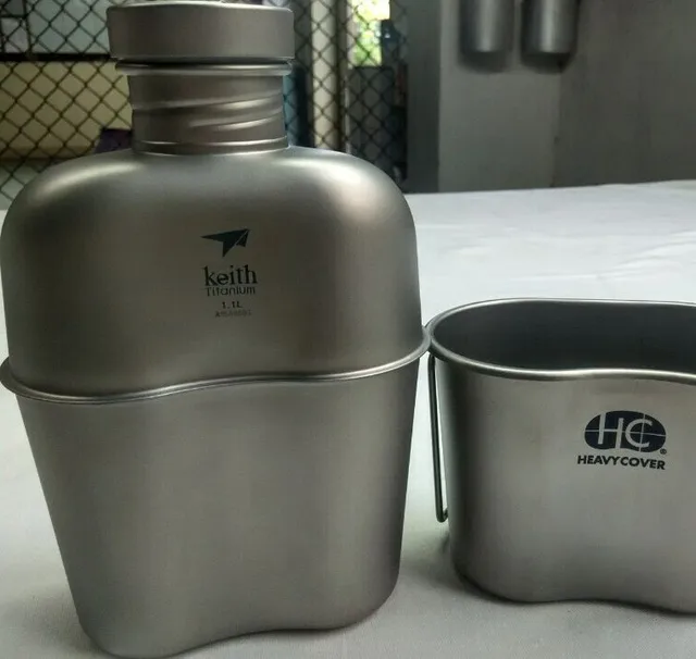 Cheap Ultralight 268g Titanium  Army Canteen 1100ml Water Bottle+700ml Cup Pot Folding Handle Lunch Box&Bag Free Shipping