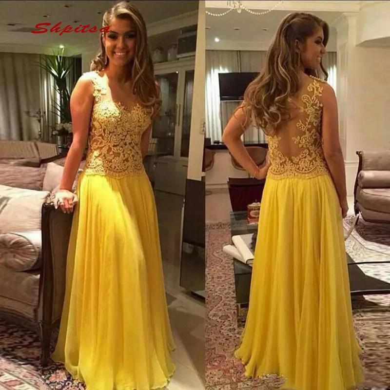 

Yellow Long Lace Evening Dresses Party A Line Sequin Sexy Ladies Women Formal Dresses Evening Gown