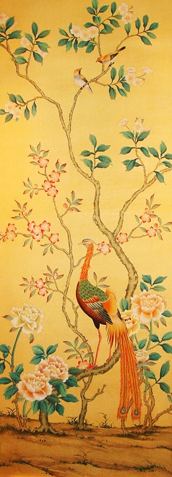 

Luxurious Hand-painted silver gold foil wallpaper painting flowers with peacock birds many patterns and background optional