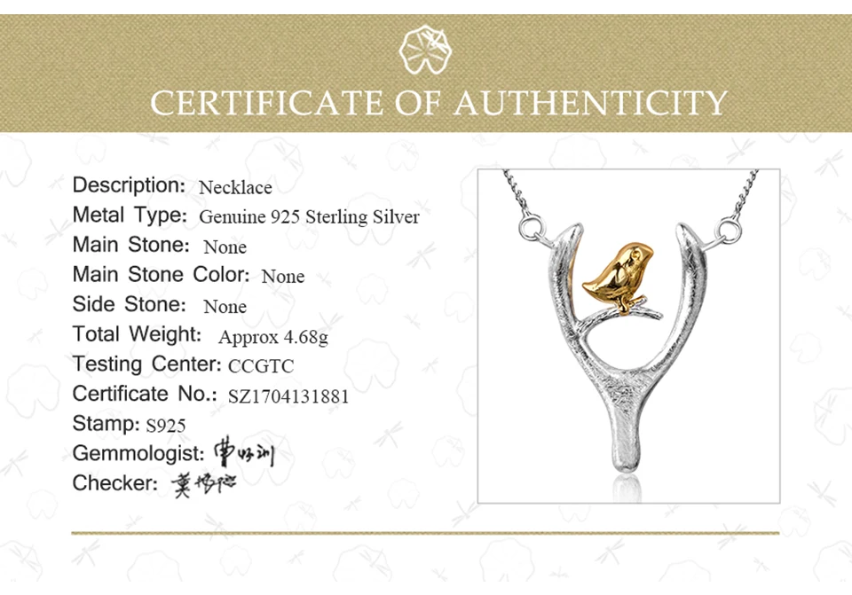 certificate  of authenticity 925 Sterling Silver Handmade Designer Fine Jewelry Bird and Wish Bone Necklace with Pendant for Women Collier