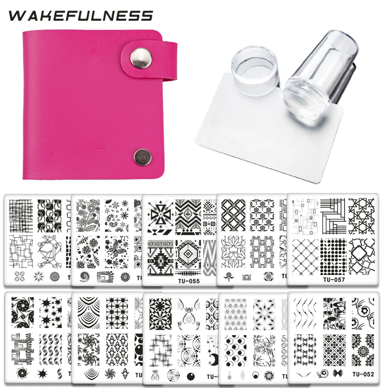

WAKEFULNESS 10Pcs Nail Stamping Plates+1Clear Stamper+1Scraper Set Nail Art Stamp Plate Manicure Template Storage Bag Kit