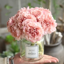 Bouquet de fleurs artificielles pivoines | Pour décoration de mariage, 5 têtes de pivoines, fausses fleurs décoratives de maison, hortensias en soie, fleur bon marché