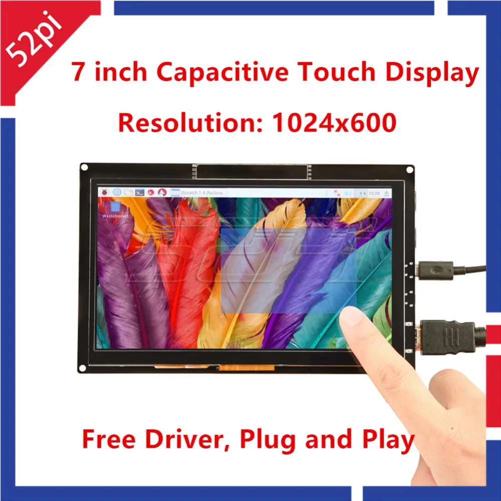  52Pi Free Driver 7 inch 1024*600 TFT Capacitive Touch Display Screen for Raspberry Pi 4 B All Platf