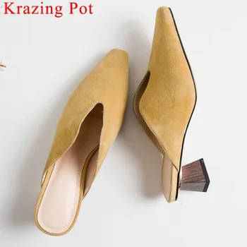 

Krazing Pot kid suede strange style med heels slip on mules square toe early Spring elegant lady superstars daily sandals L08