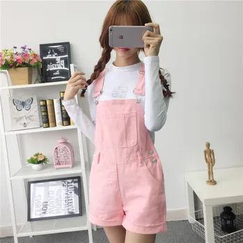 

Denim Overalls Shorts Jumpsuit Women Spring Summer Korean Lovely Girls Playsuits Casual Candy Color Jumpsuits Rompers