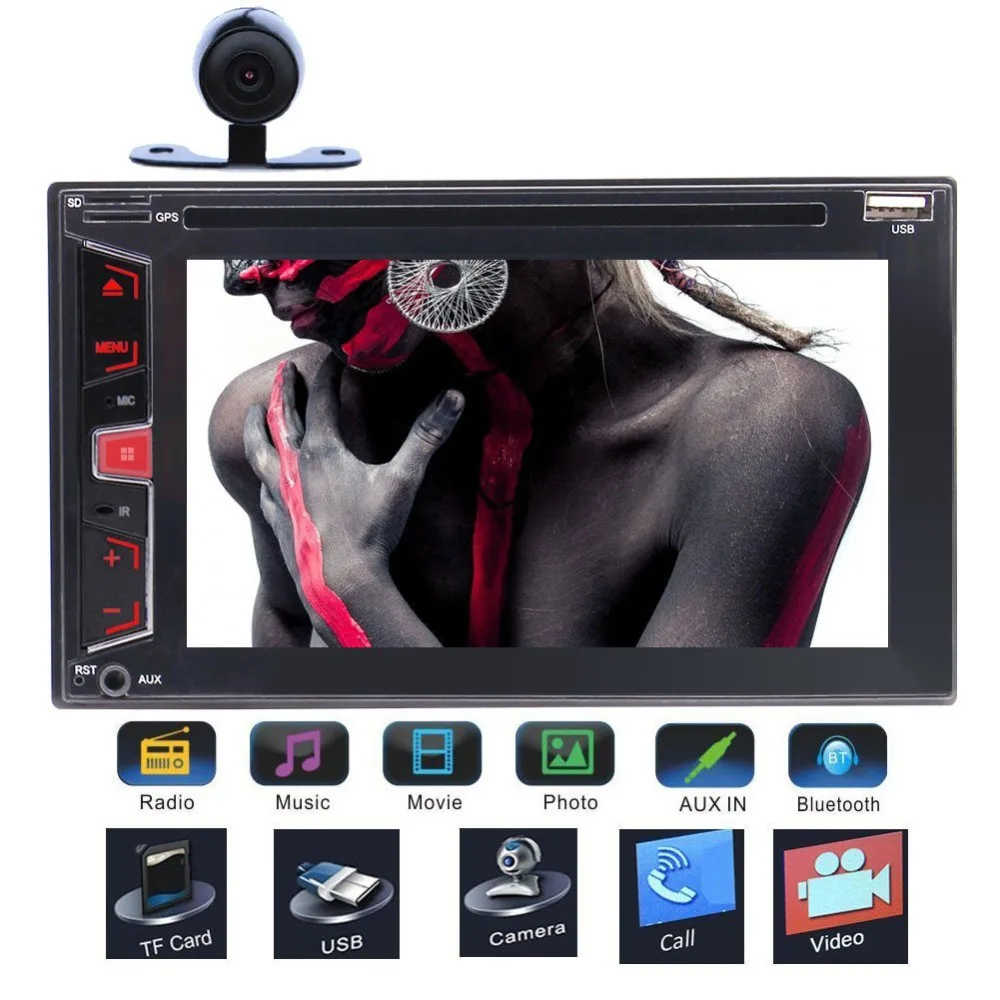 

Rear Camera+6.2" Double 2 Din Headunit Car Stereo DVD CD Player NO GPS Navigation Bluetooth Autoradio FM AM RDS Radio Dual AUX