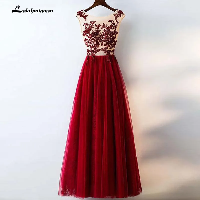 

Burgundy Lace Applique Sleeveless Tulle Long Prom Dress with Beads A-line Evening Dresses vestidos de festa