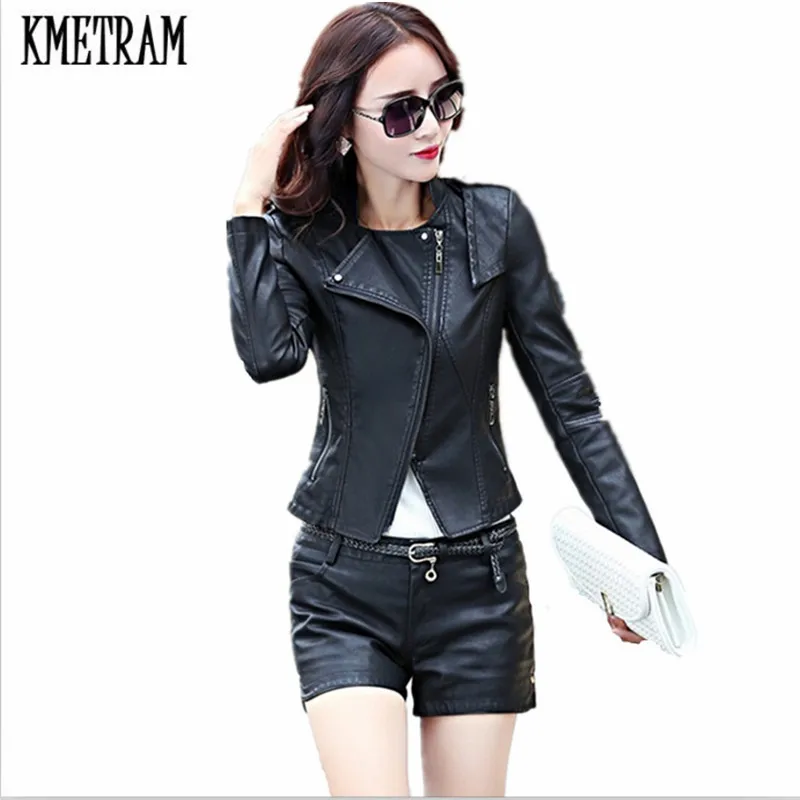 

2018 Autumn Spring Fashion Fur Collar Faux Leather Jacket Women Slim Short Red Motorcycle Jackets Outerwear Coats KMETRAM YJZ167