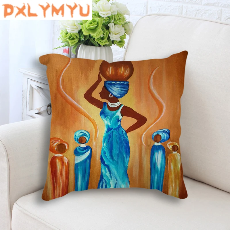 

Decorative Back Cushion Cover African Life Oil Painting Printed Pillowcase Sofa Linen Cotton Throw Pillow Case Home Decor