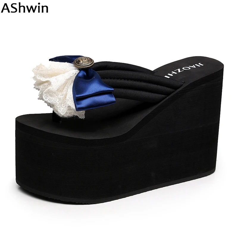 

AShwin women summer flowers sandals super high heels pearls beach slippers hawaiian mules clogs bohemia shoes silk lace heels