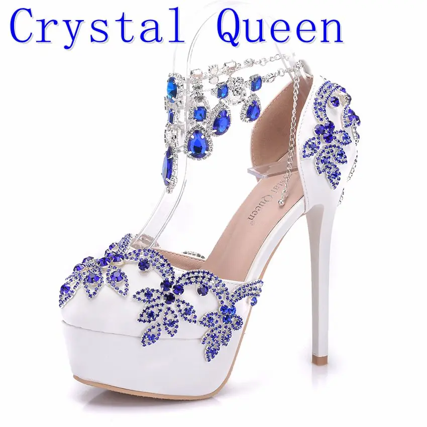 Кристальные королевские синие стразы; свадебные туфли на очень высоком каблуке; торжественные модельные туфли; браслеты для сандалий с кисточками и кристаллами; Каблук 14 см