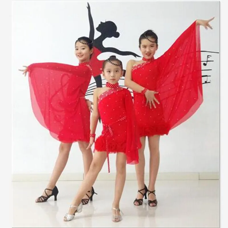 High Grade Girls Professional Latin Dance Dress Gorgeous Sequined Single Batwing Sleeve Dots Sash Children Red Dance Costume
