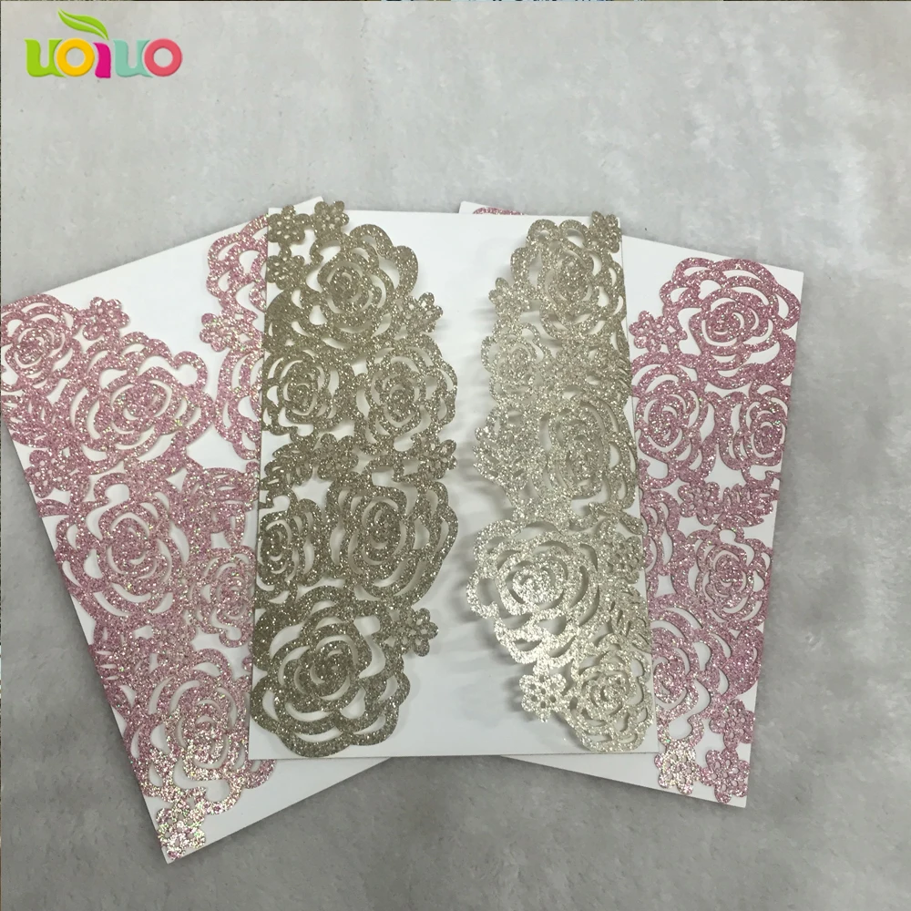 

25pc Laser Cut shiny glitters paper rose flower Birthday Invitations Card with glitter colors light gold