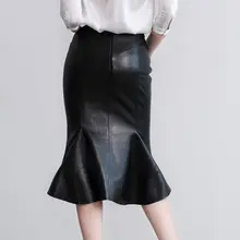 Новые модные сексуальные OL стильные Формальные оборки трубы длиной до колена из натуральной кожи женские юбки из овечьей кожи черного цвета Большие размеры