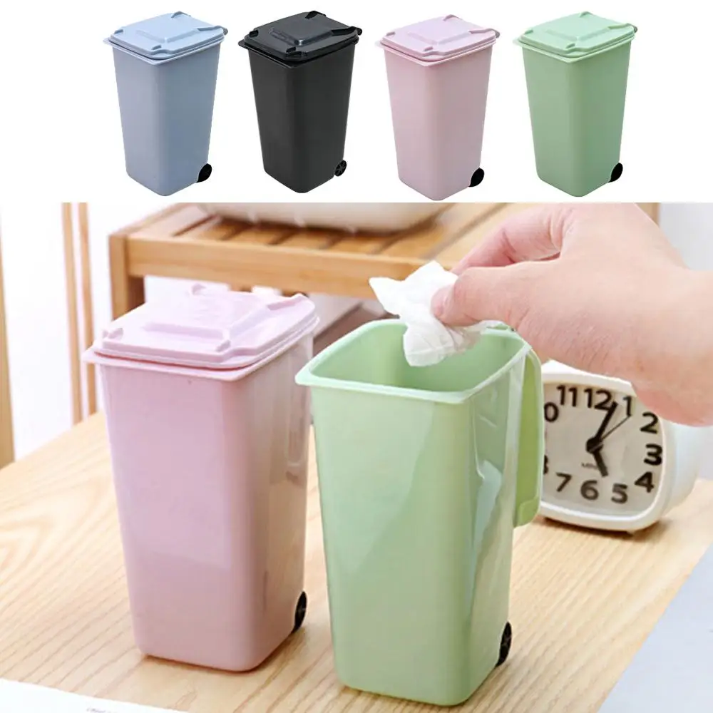 

Wheelie Trash Can School 4 Color Mini Dustbin Rulers Pencil Cup Durable Storage Bin Plastic Garbage Markers Waste Bins Dust