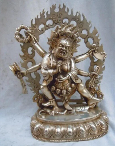 

008023 11" China Tibet finery silver old carved Buddhism six arm buddha statue