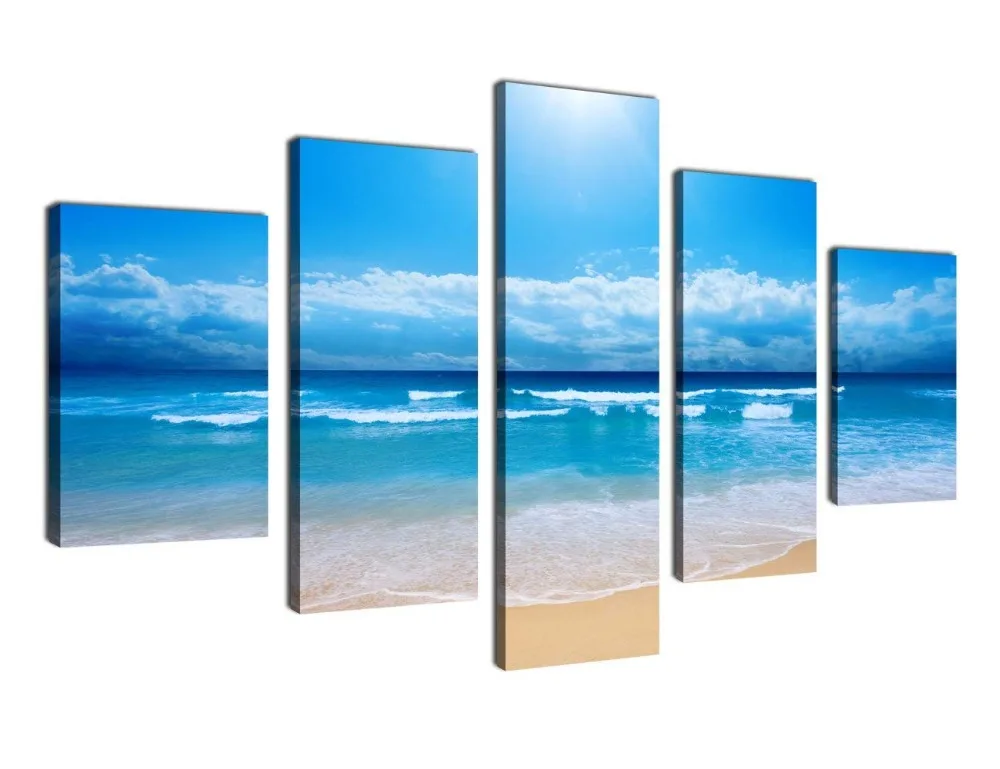 yearainn Canvas Wall Art Beach Waves Summer Ocean Artwork - 5 Pieces Large Nature Picture Canvas Art Blue Seascape for Home Decorations