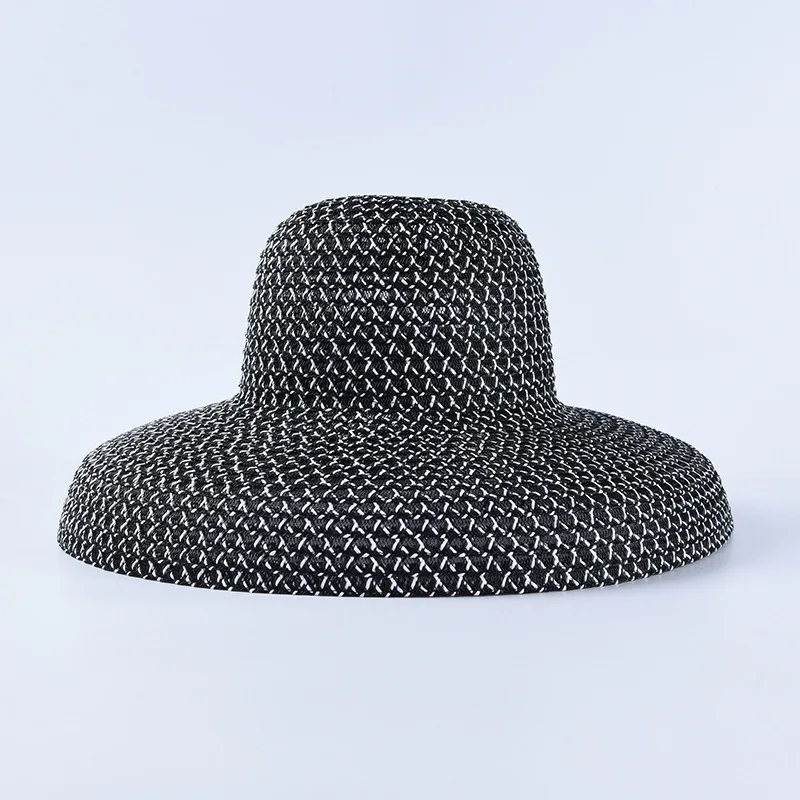 Ретро круглый верх большая женская соломенная шляпа, шляпы от солнца для путешествий и отдыха, шляпы с козырьком, винтажные женские пляжные шляпы Черного и белого цвета - Цвет: black