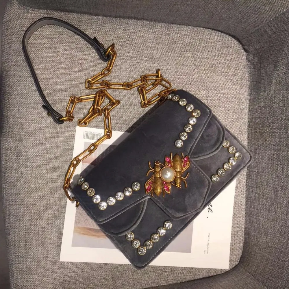 velour messenger bag beading bees bags gold chains flap bags women