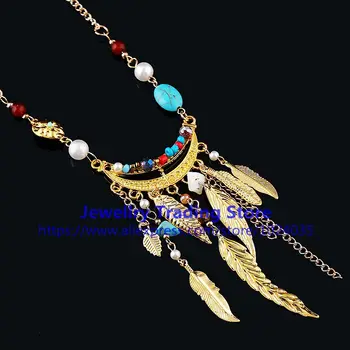 

2017 Hot Fashion Vintage Beads Feather Leaves Necklace & Pendant Tiny Leaf Collars For Women Simple Good Luck Jewelry