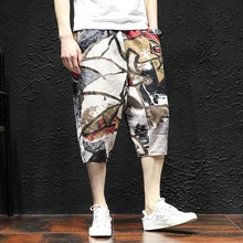Свободные летние цветы жира тонкие Топ Мода по колено шаровары карманы хлопок повседневные полосатые шорты мужские короткие бермуды