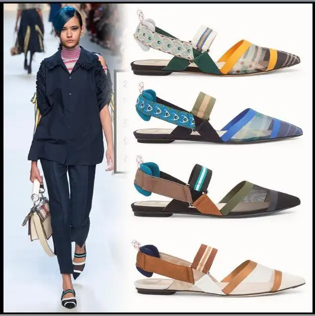 

Sandals female 2019 summer new Europe and America wild word spell color pointed flat shoes Baotou Roman shoes small single shoes