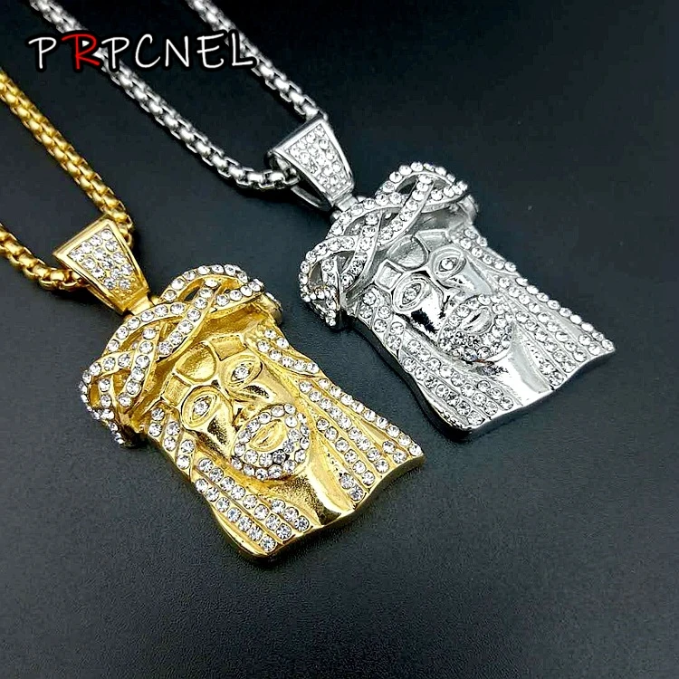 

Hip Hop Iced Out Gold Silver Color Masked Jesus Face Pendant Necklace Crystal Jesus Piece Jewelry With Free Cuban Chain