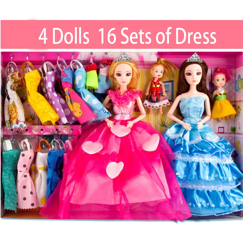 Fashion 3D True Eyes Barbie Doll Set 4 Dolls 16 Sets of Dress Clothes