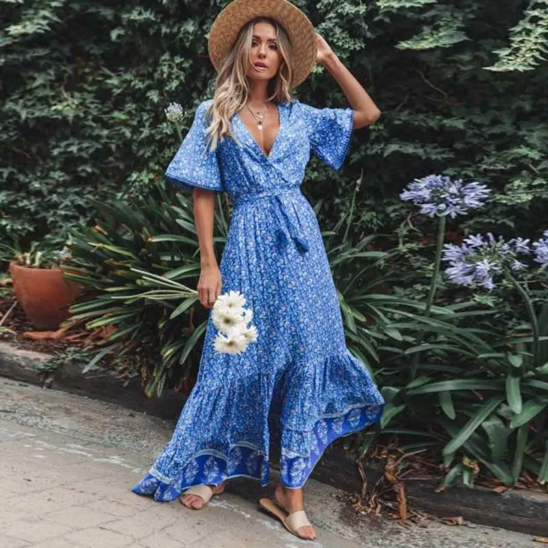 Boho Inspired Maxi Dresses Blue Floral ...