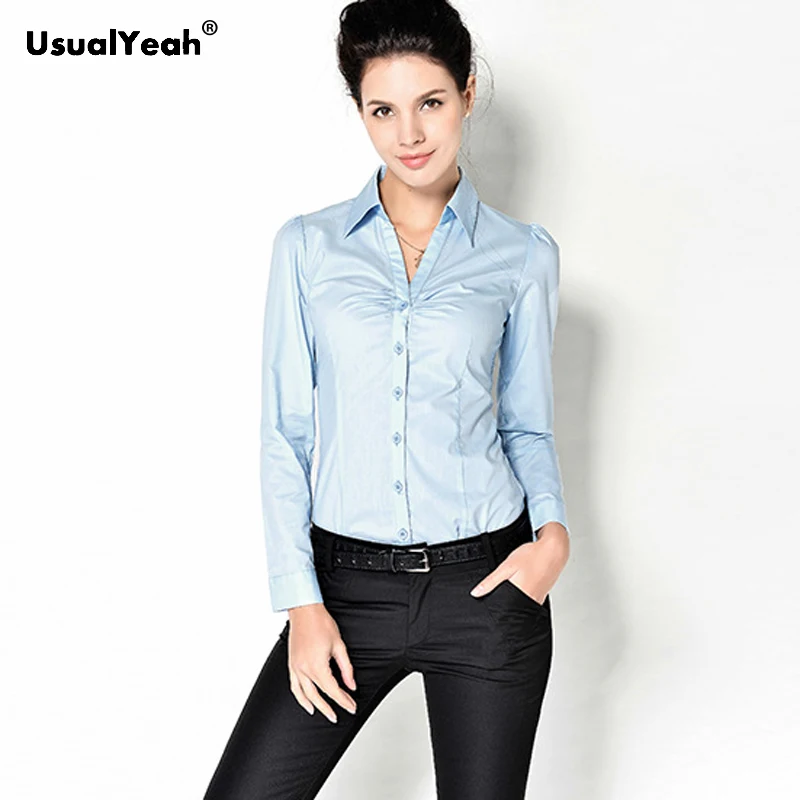 UsualYeah Pure Front Folds V Neck Body Shirt and Blouse Long Sleeve Office Lady Minimalist Cotton Shirts Light blue White 4