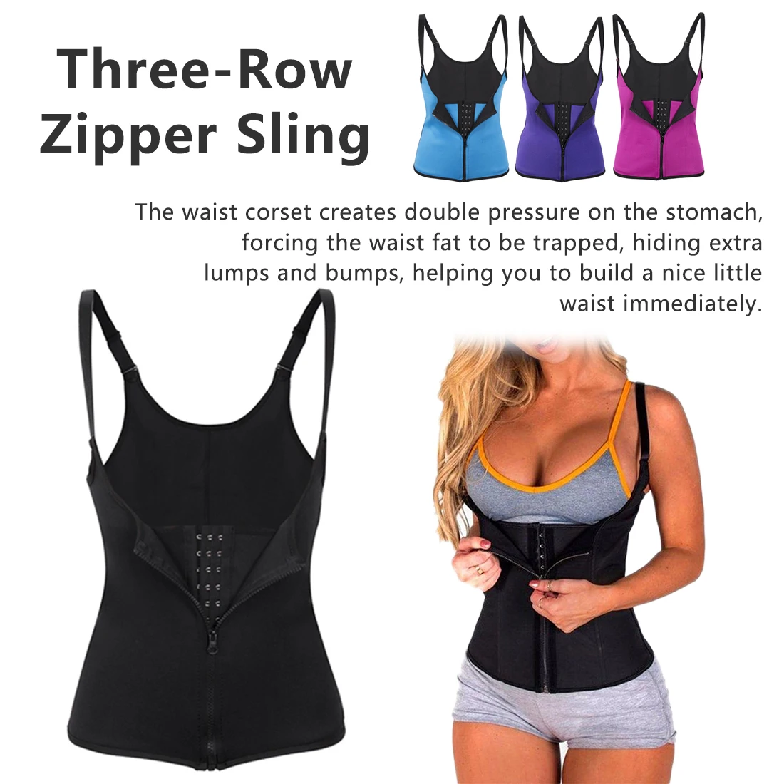 

Black Shoulder Strap Waist Trainer Slimming Belt Vest Corset Women Zipper Hook Body Shaper Waist Slimming