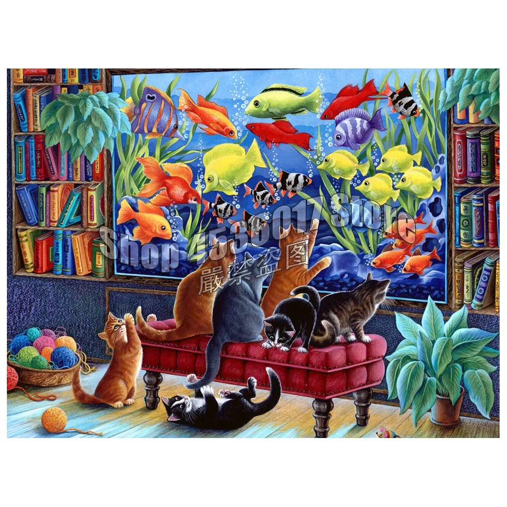 Kittens Fishing 5D Diamond Mosaic Full Home Decor Embroidery Crafts DIY Painting Cross Stitch Sea Life Cats Needlework | Дом и сад