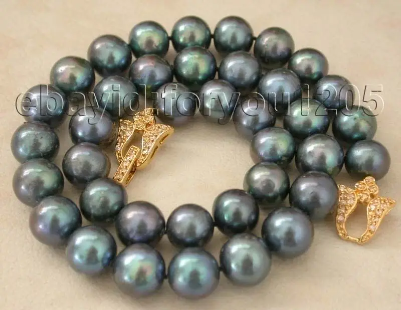 

FREE shipping18" Genuine Natural 12mm Peacock Round Pearl Necklace zircon #f1173!